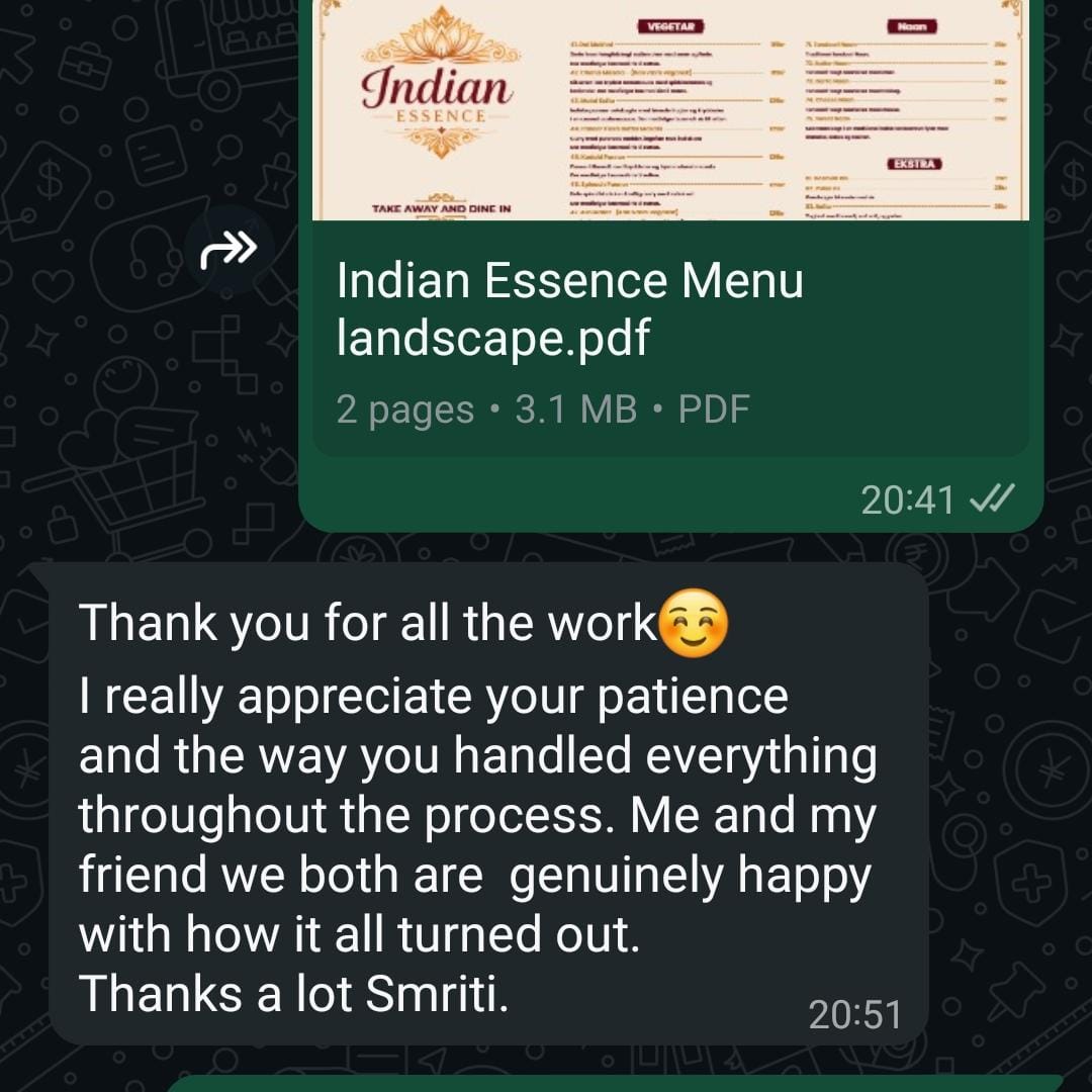 WhatsApp message from Indian Essence client thanking SM DigiTech for the menu design